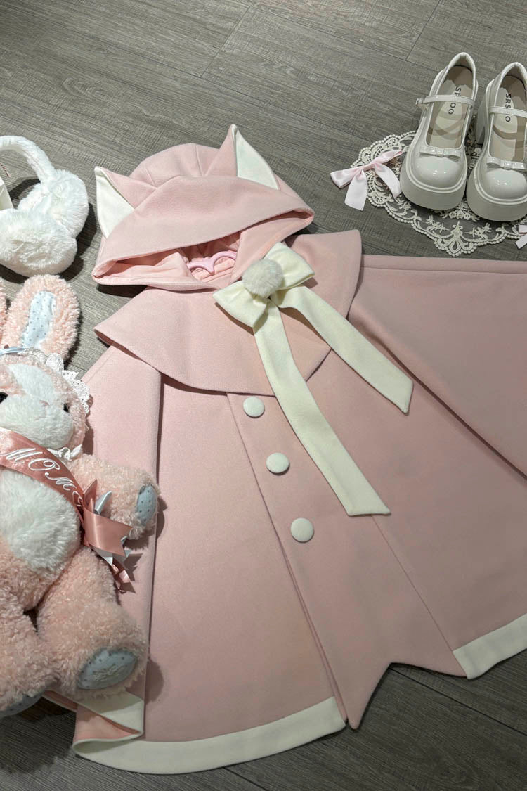 Black/Pink Bat Bowknot Cloak Wool Sweet Lolita Coat - Product - 7