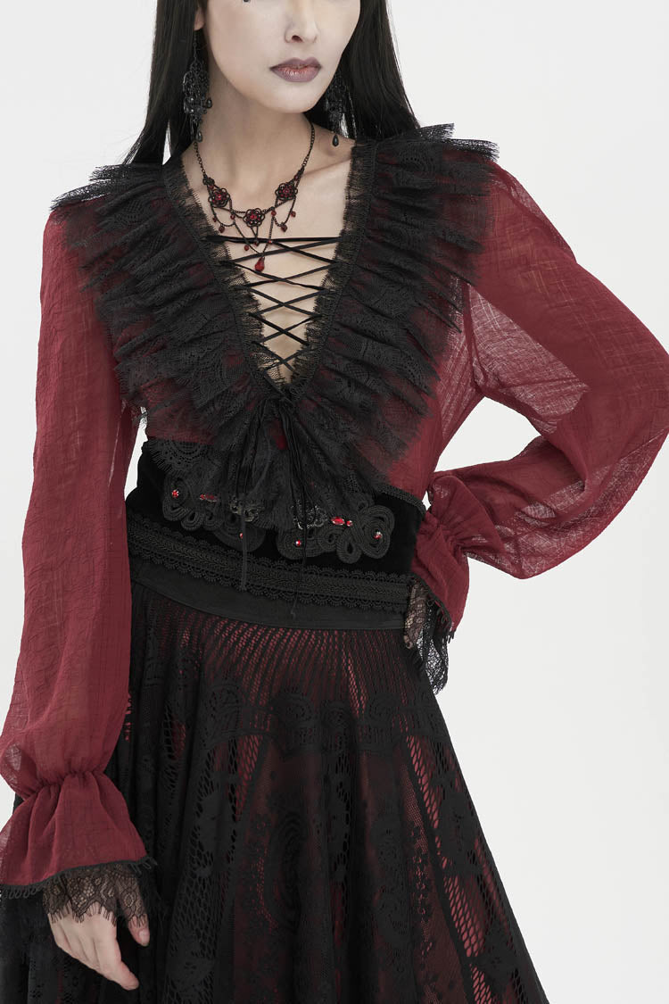 Red Thin Waist Plaid Stitching Layered Lace Long Sleeves Women's Gothic Shirt - Red - 1