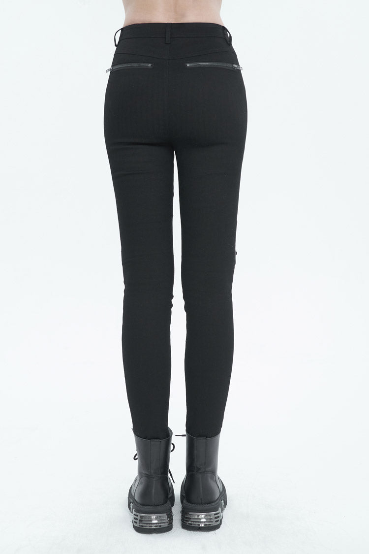 Black Slightly Elastic Twill Pu Tie Rope Decoration Women's Punk Trousers - Product - 4