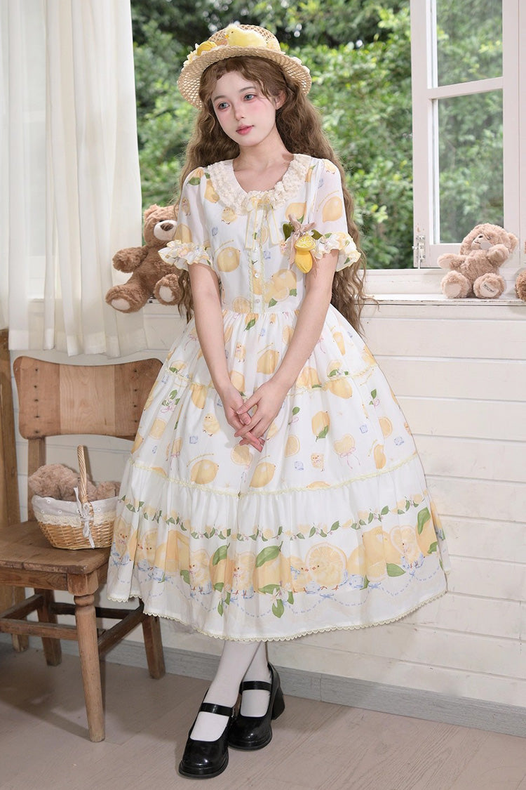 White [Lemon Chicken] Short Sleeves Print Ruffle Bowknot Lace Daily Sweet Lolita Dress - Product - 2