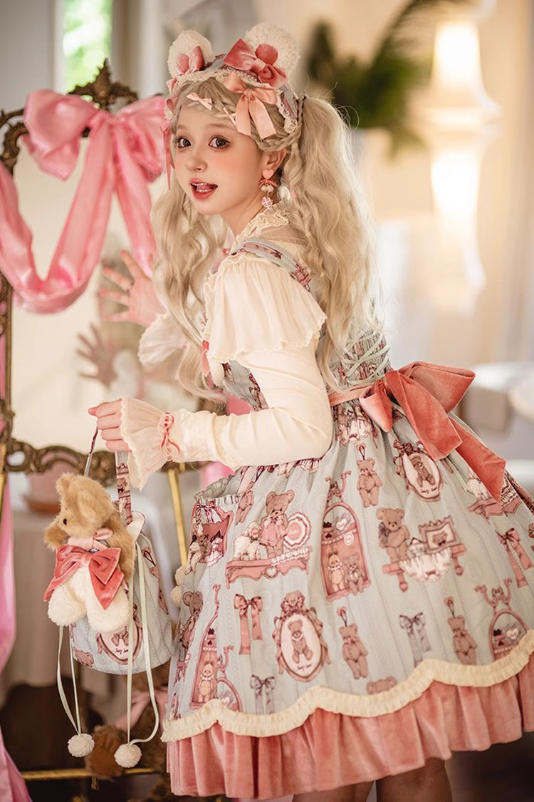 Pink/Green Bear Doll Wall Print Ruffle Embroidery Bowknot Sweet Lolita Jsk Dress - Product - 6