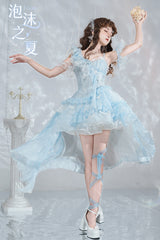 Blue [Summer of Bubbles] Sleeveless Ruffle Embroidery Lace Irregular Train Sweet Lolita Jsk Dress - Product - 8