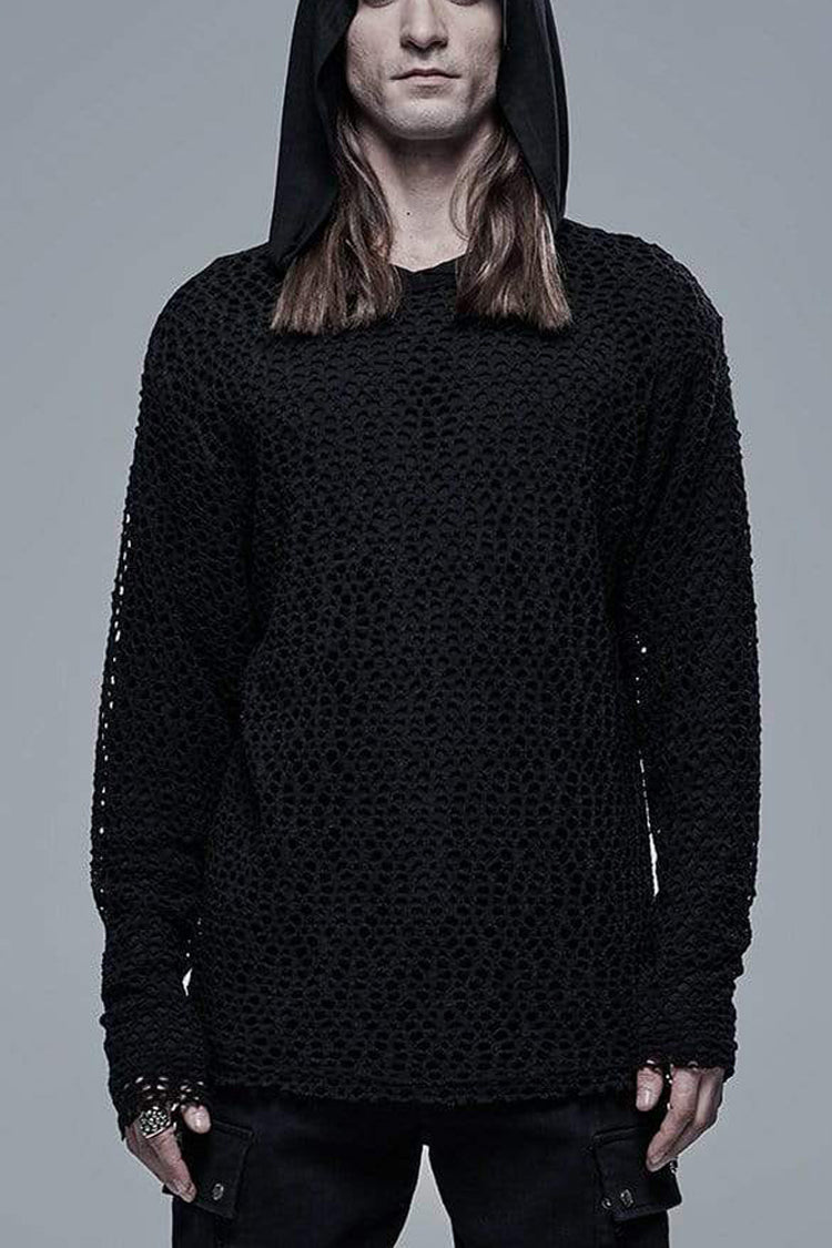 Black Knit Outer Mesh Long Sleeve Inner Hooded Simple Two Piece Men's Punk T-Shirt - Black - 1