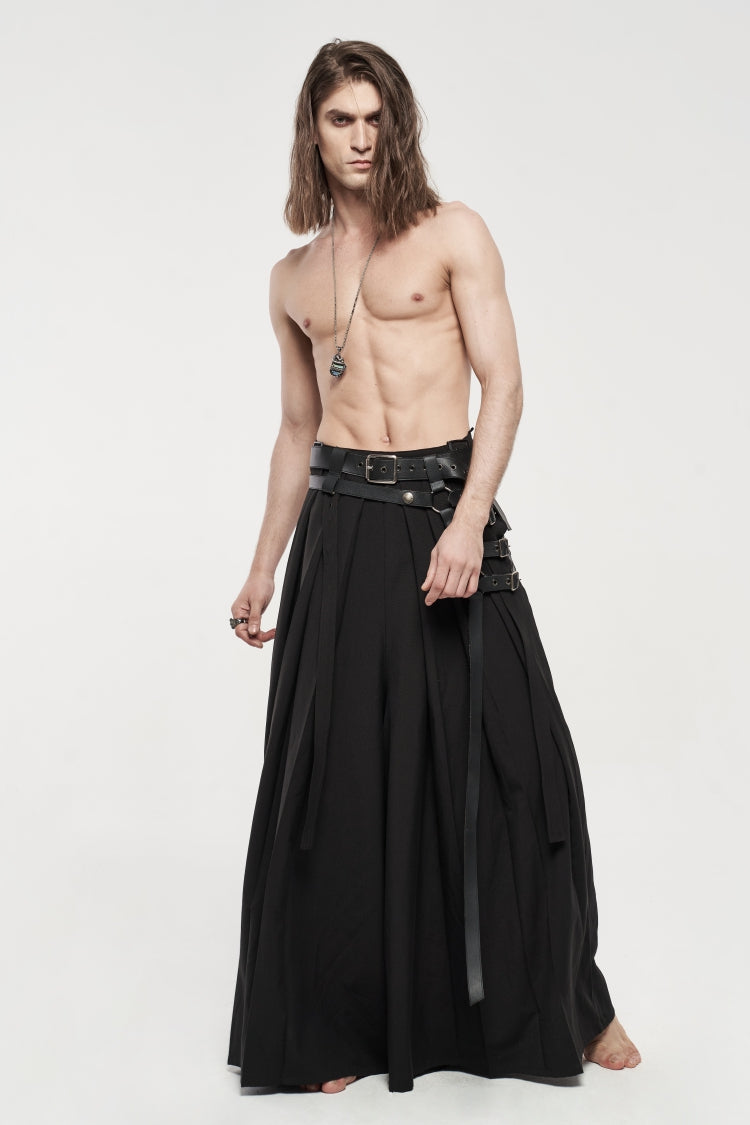 Black Asymmetric Buckled Men's  Japanese Punk Warrior Pantskirts With Harness - Product - 11