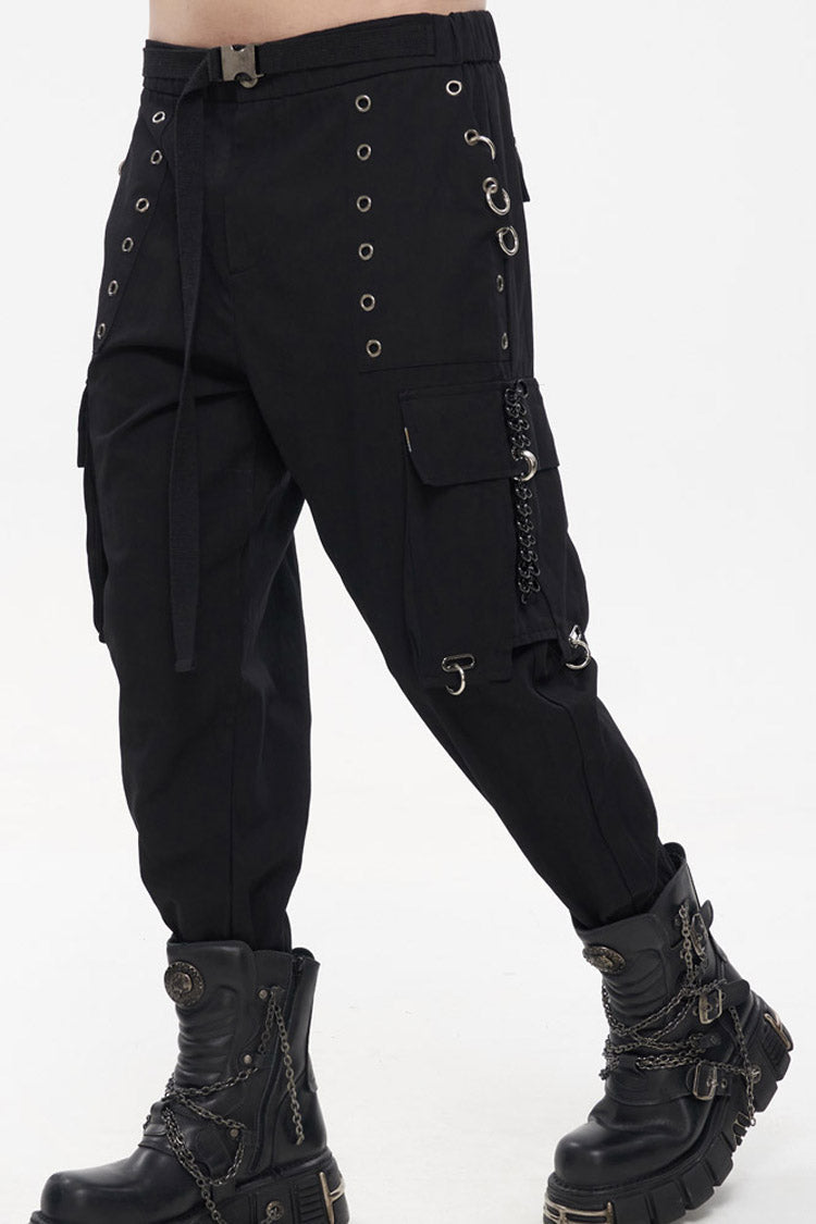 Black Punk Tatting Multi-Pocket Metal Chain Cargo Men's Pants - Product - 3