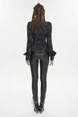 Black Leather lapel Heart Cutout Puff Sleeved Women's Gothic Shirt - Product - 4