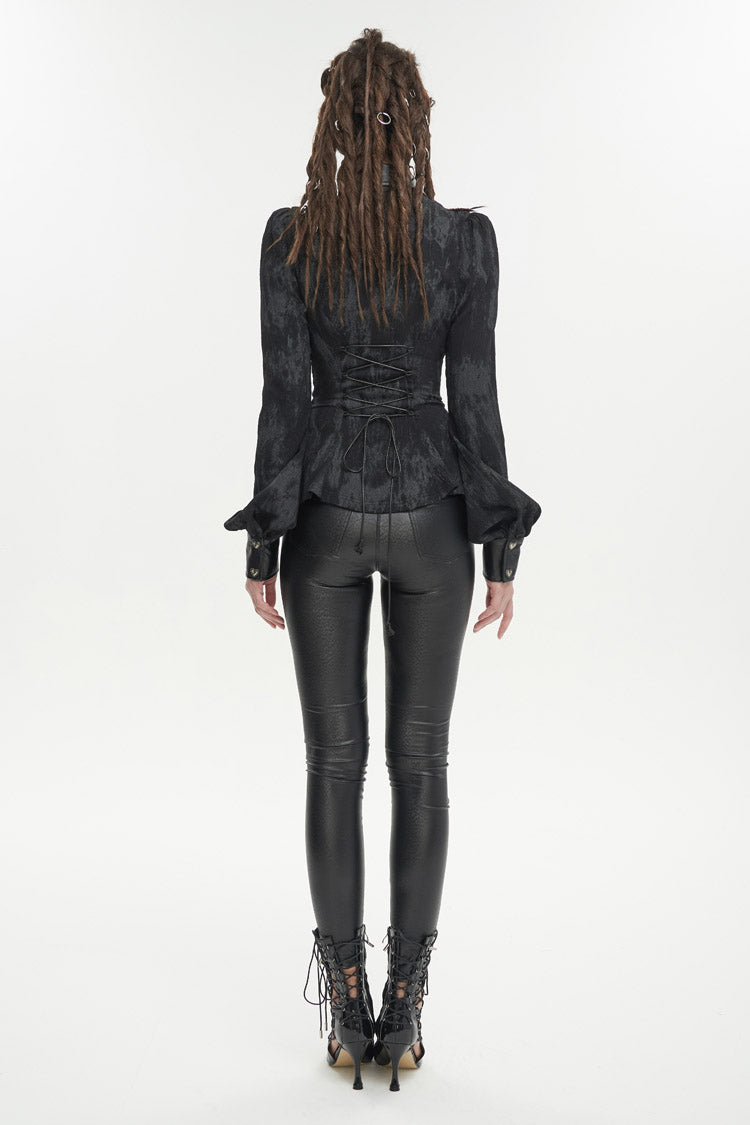 Black Leather lapel Heart Cutout Puff Sleeved Women's Gothic Shirt - Product - 4