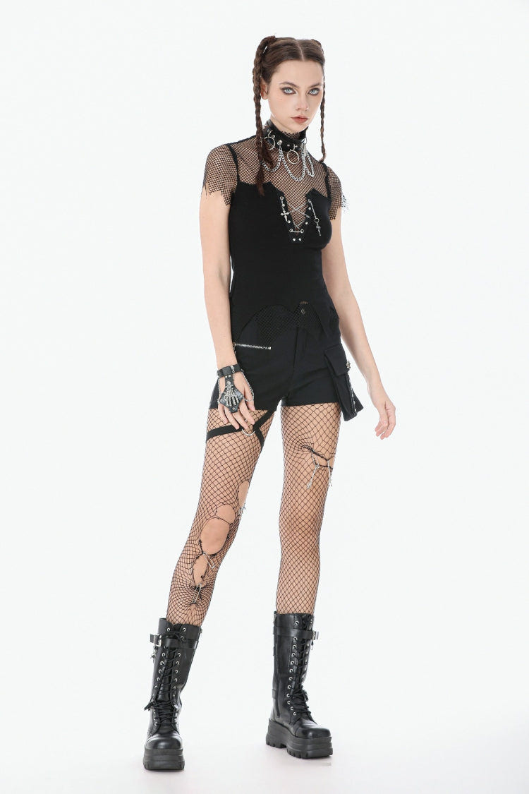 Black Short Sleeves Irregular Mesh Cross Chain-Decorated Eyelet Women's Punk Top - Product - 11