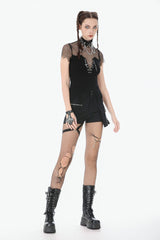 Black Short Sleeves Irregular Mesh Cross Chain-Decorated Eyelet Women's Punk Top - Product - 11