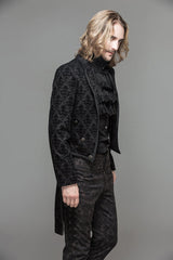 Black Gothic Floral Patterned Flocking Short Front And Long Back Open Mens Coat - Product - 6