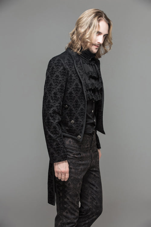 Black Gothic Floral Patterned Flocking Short Front And Long Back Open Mens Coat - Product - 6
