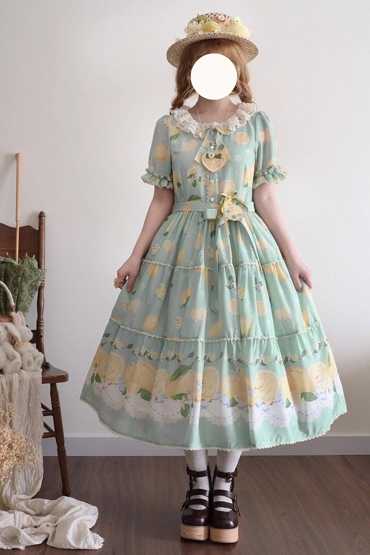 Green [Lemon Chicken] Short Sleeves Print Ruffle Bowknot Lace Daily Sweet Lolita Dress - Green - 1
