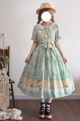 Green [Lemon Chicken] Short Sleeves Print Ruffle Bowknot Lace Daily Sweet Lolita Dress - Green - 1