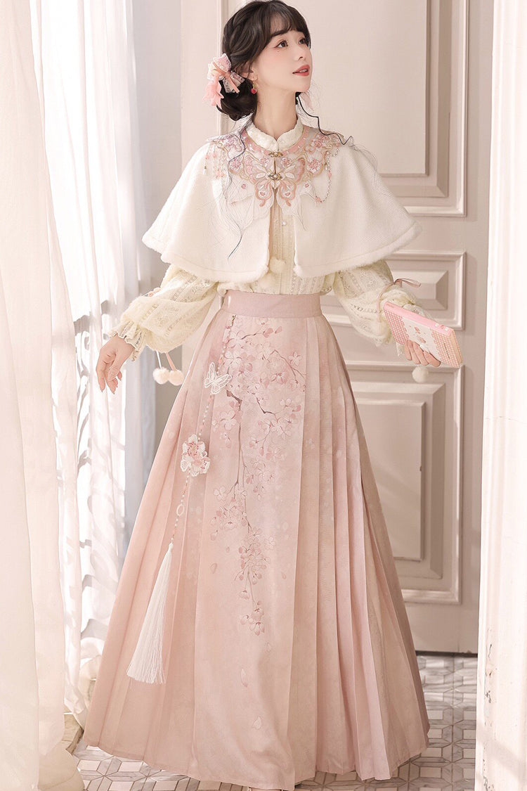 Pink [Cherry Blossoms Falling] Stand Collar Long Sleeves High Waisted Jacquard Printed Women's Sweet Hanfu Dress Set - Product - 3