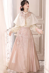 Pink [Cherry Blossoms Falling] Stand Collar Long Sleeves High Waisted Jacquard Printed Women's Sweet Hanfu Dress Set - Product - 3