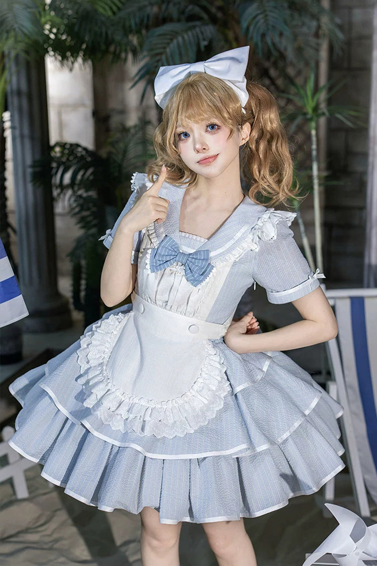 Blue [Seven Day Bell] Navy Collar Short Sleeves Printed Ruffled Bow Sweet Lolita Dress 2 Versions - Product - 12
