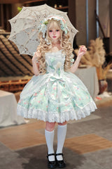 Green [Tulip's Letter] Off Shoulder Short Sleeves Print Ruffle Bowknot Lace Sweet Elegant Lolita Dress - Product - 4