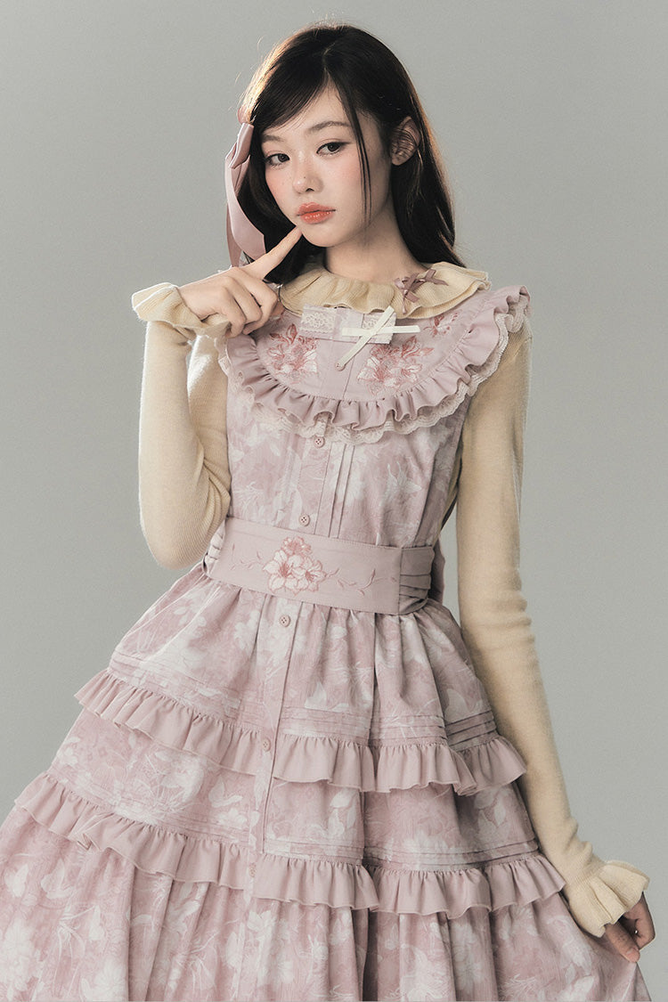 Pink [Sacred Heart Lily] Round Collar Sleeveless Multi-Layered Printed Ruffled Embroidered Sweet Chinese Inspired Lolita Jumper Dress - Product - 7