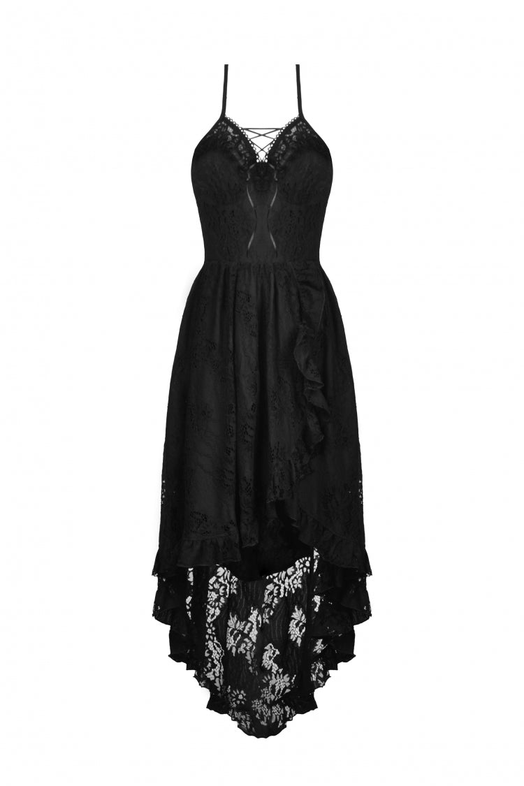 Black Off Shoulder Halterneck Ruffled Lace-Up Swallow Tail Floral Lace Women's Gothic Dress - Product - 3