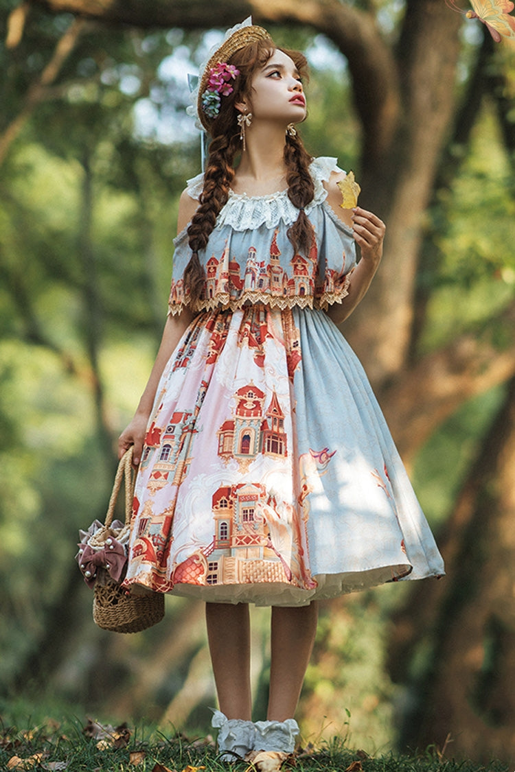 Multi-Color European Architectural Oil Painting Print Off Shoulder Short Sleeves Bowknot Sweet Lolita Dress - Product - 2