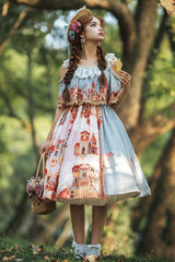 Multi-Color European Architectural Oil Painting Print Off Shoulder Short Sleeves Bowknot Sweet Lolita Dress - Product - 2
