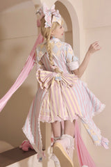 Blue/Pink Short Sleeves Weird Theater Print Ruffle Bowknot Sweet Lolita Dress - Product - 11