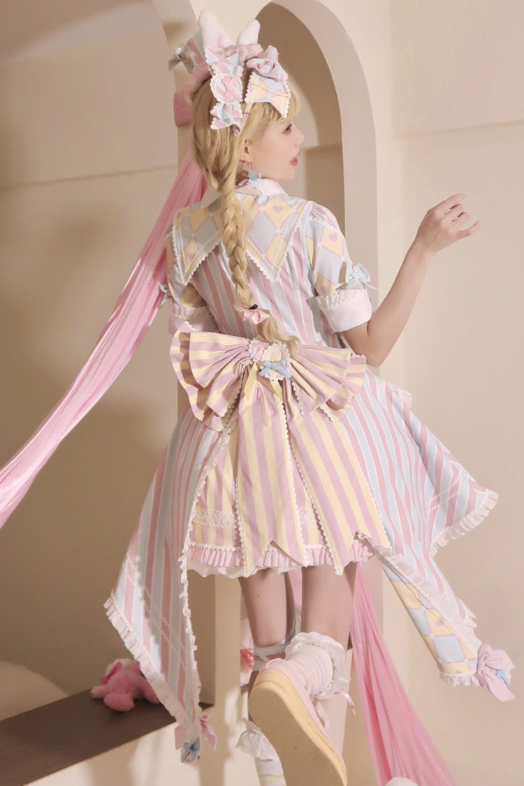 Blue/Pink Short Sleeves Weird Theater Print Ruffle Bowknot Sweet Lolita Dress - Product - 11