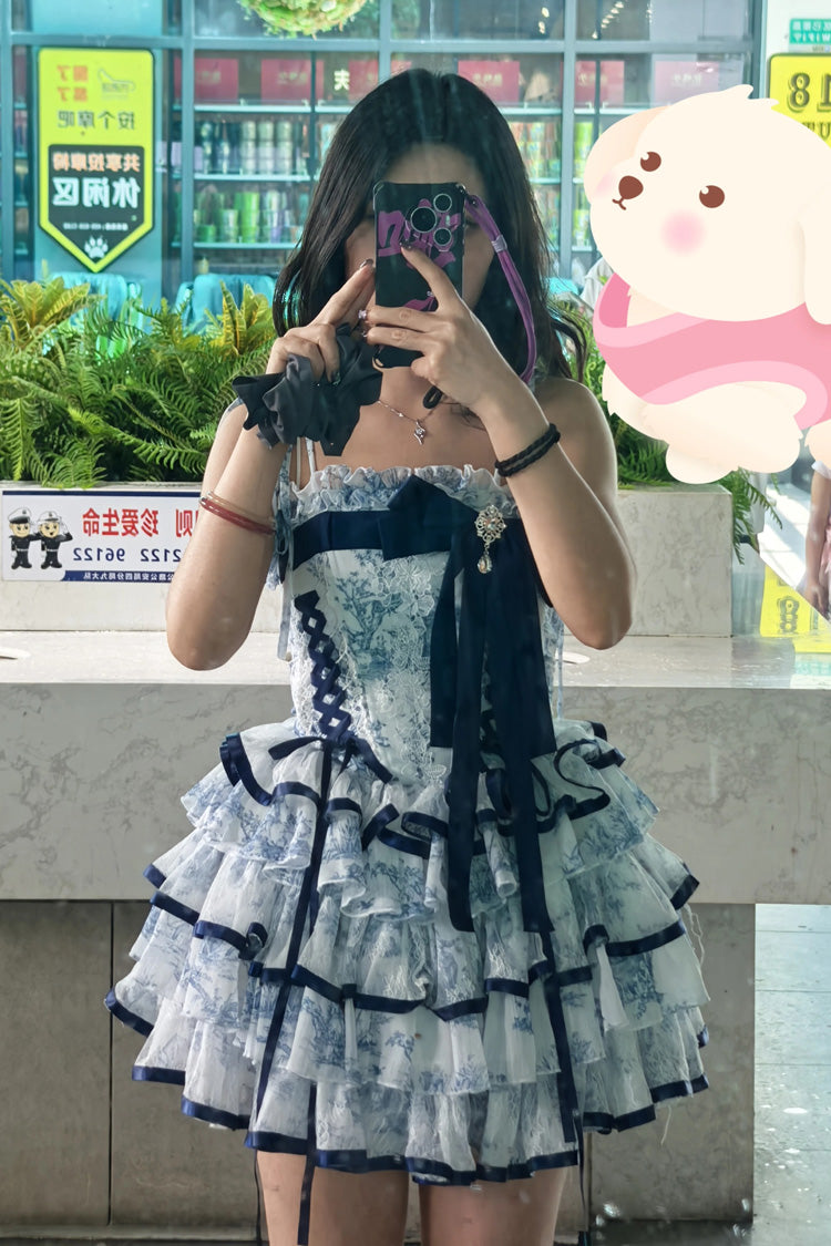 Blue/White Sleeveless Multi-Layered Print Bowknot Fishbone Sweet Classic Chinese Style Lolita Jsk Short Dress - Product - 4