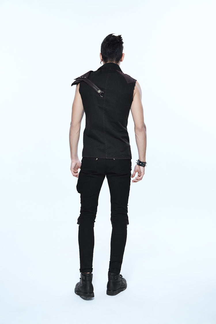 Black Twill Brown One Shoulder Armor Heat Seal Hasp Sleeveless Men's Punk Shirt - Product - 5