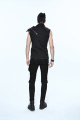 Black Twill Brown One Shoulder Armor Heat Seal Hasp Sleeveless Men's Punk Shirt - Product - 5