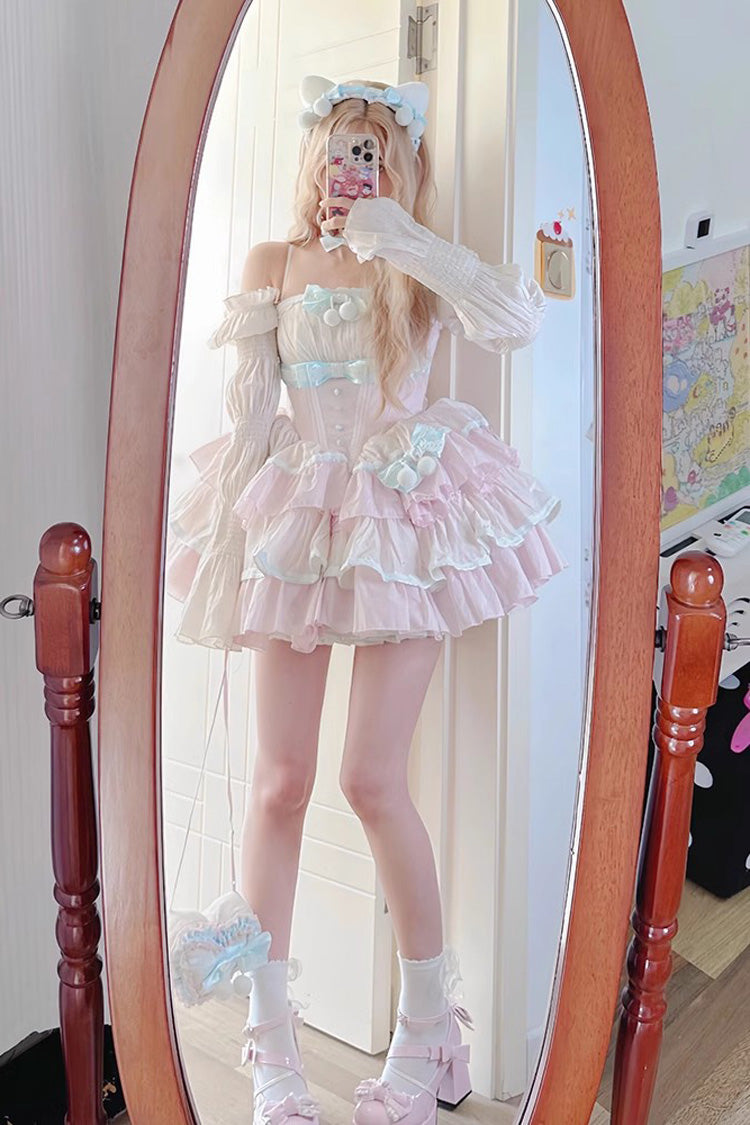 Pink Multi-layer Ruffle Bowknot Sweet Princess Lolita Tiered Dress - Product - 2