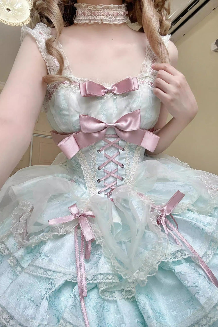 Green Sleeveless Multi-layer Ruffle Bowknot Lace-Up Sweet Princess Lolita Jsk Dress - Product - 3