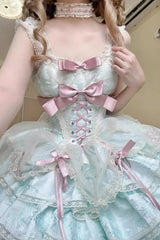 Green Sleeveless Multi-layer Ruffle Bowknot Lace-Up Sweet Princess Lolita Jsk Dress - Product - 3
