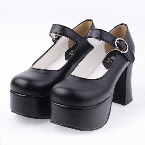 Black PU Round Toe Platform Lolita Shoes - Black - 1