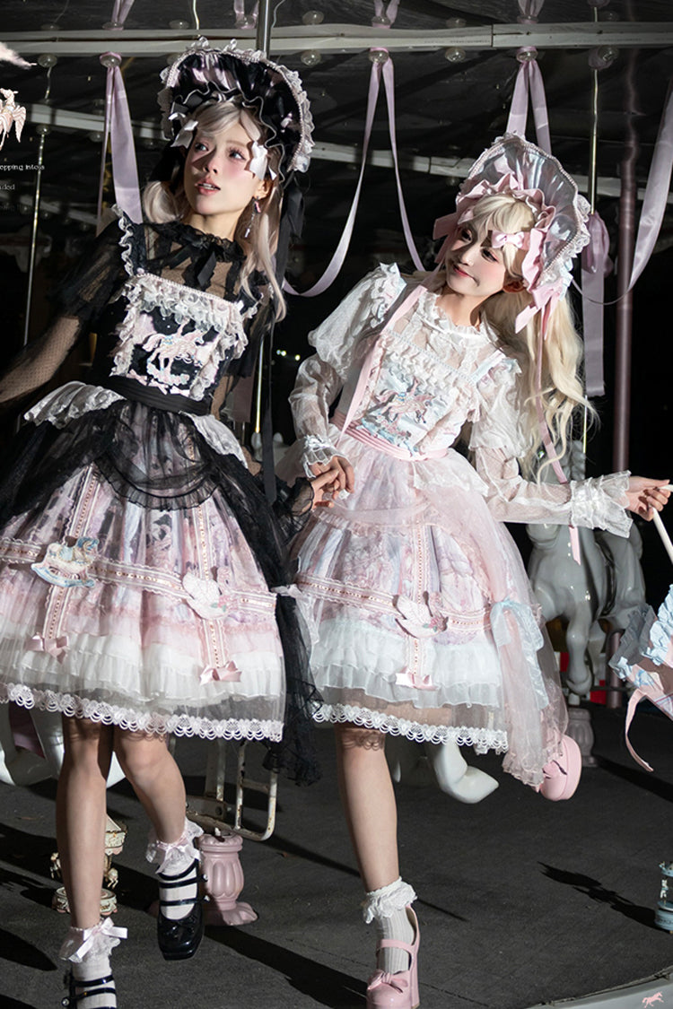 Pink/Blue [Pegasus Park] Multi-Layered Print Ruffle Bowknot Lace Sweet Gorgeous Lolita Jsk Dress - Product - 14