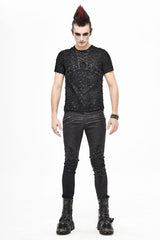 Black Broken Holes Thick Stripes Chest Lace-Up Knit Short Sleeve Men's Punk T-Shirt - Product - 5