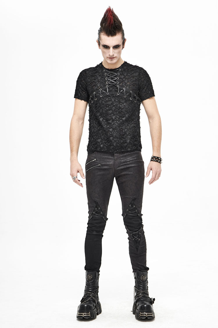 Black Broken Holes Thick Stripes Chest Lace-Up Knit Short Sleeve Men's Punk T-Shirt - Product - 5