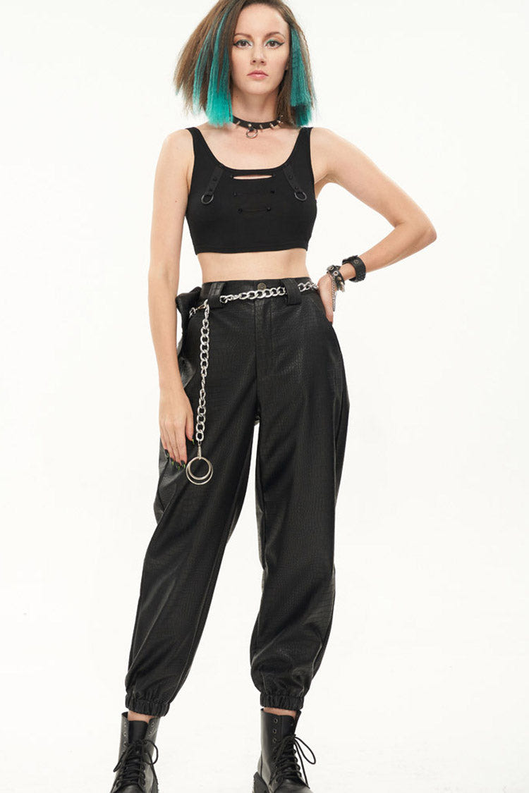 Black Gothic Crocodile Pattern Metal Chain Design Lantern Leather Women's Pants - Product - 10