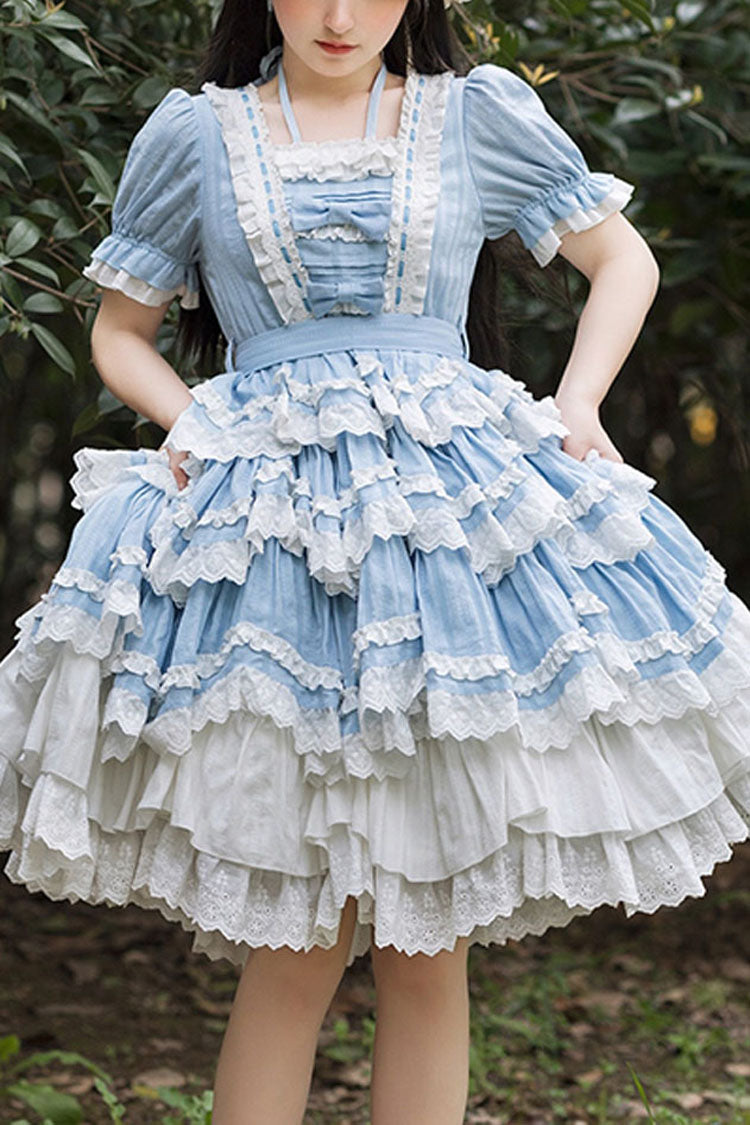 Blue Halter Lantern Short Sleeves Stitching Lace Ruffled Hanayome Sweet Lolita Op Tiered Dress - Blue - 1