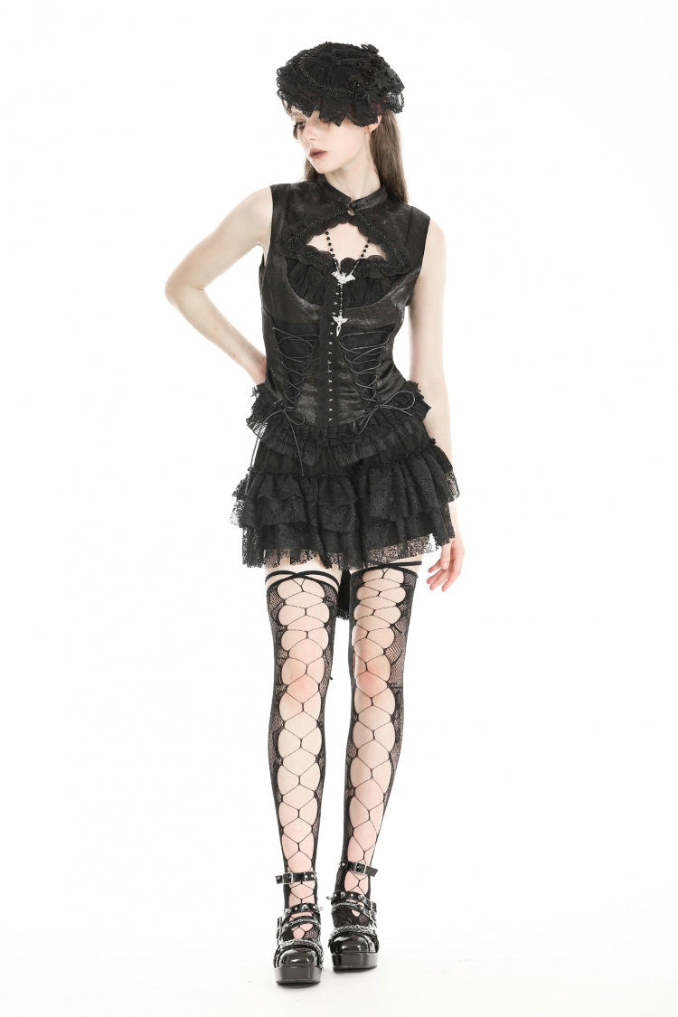 Black Sleeveless Cut-Out Lace Trim Side Lace-Up Women's Gothic Sexy Corset Top - Product - 8