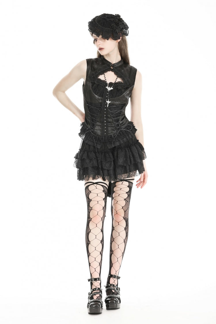 Black Sleeveless Cut-Out Lace Trim Side Lace-Up Women's Gothic Sexy Corset Top - Product - 8