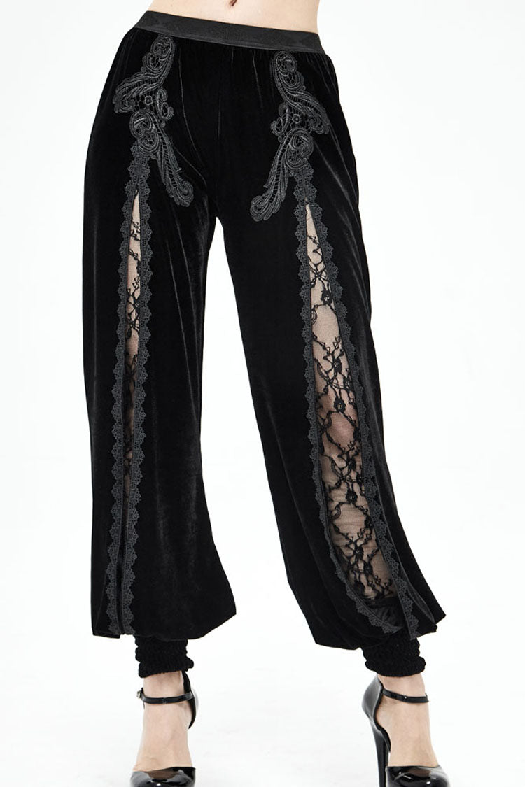 Black Gothic Front Decals Split Splice Mesh Velvet Women's Pants - Black - 1
