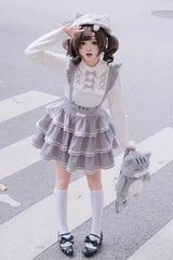 Grey [Gloomy Cat Series] Sleeveless Triple-Layered Ruffled Sweet Suspender Cake Strap Dress - Product - 11