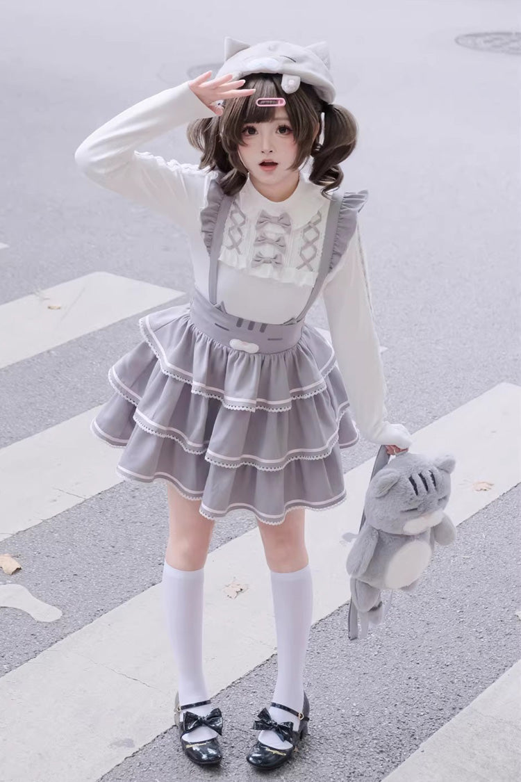 Grey [Gloomy Cat Series] Sleeveless Triple-Layered Ruffled Sweet Suspender Cake Strap Dress - Product - 11