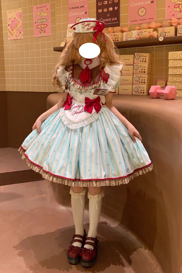 Green [Jenny's Chocolate] Short Sleeves Vertical Stripes Print Ruffle Bowknot Sweet Lolita Dress - Product - 2