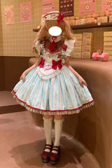 Green [Jenny's Chocolate] Short Sleeves Vertical Stripes Print Ruffle Bowknot Sweet Lolita Dress - Product - 2