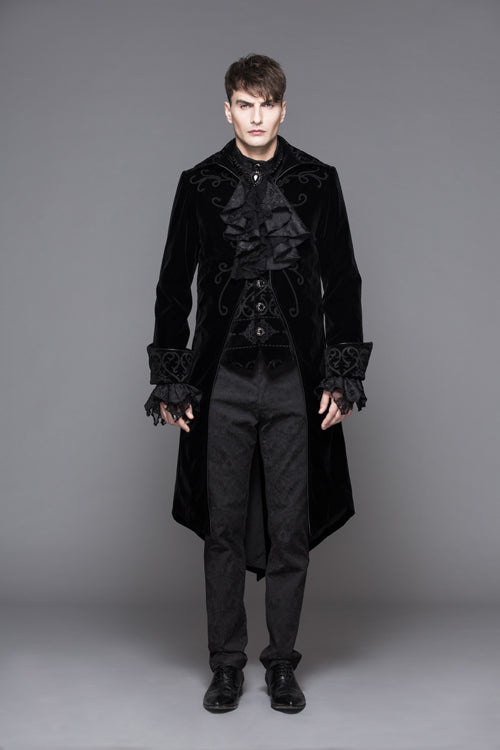 Black Hand Embroidered Fake Two Pieces Long Sleeves Velvet Mens Gothic Coats - Product - 5
