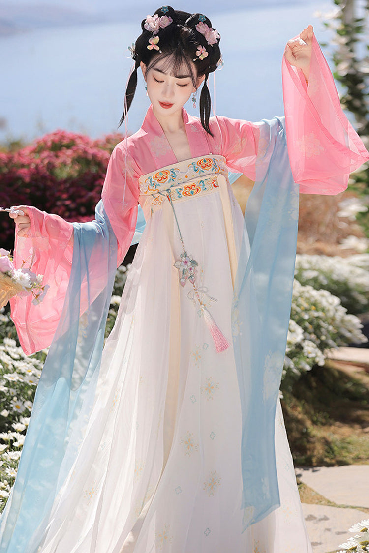 Pink/Apricot [Spring Fills the Garden] High Waisted Printed Embroidered Women's Sweet Chinese Style Hanfu Dress Set - Product - 4