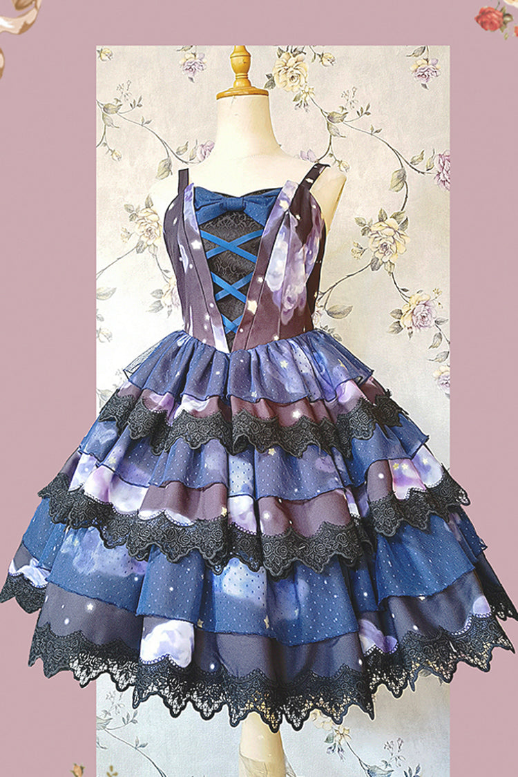 Blue Triple-Layered Clouds Print Ruffle Stitching Lace Sweet Lolita Dress - Product - 2