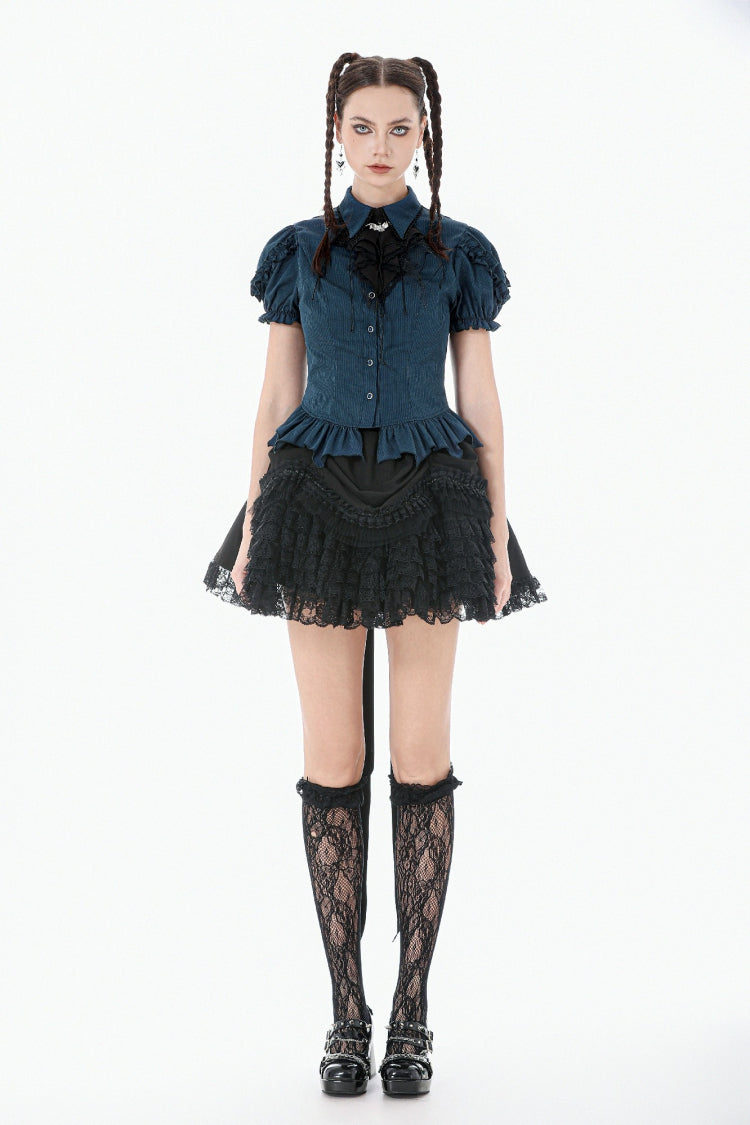 Blue Pinstripe Point Collar Short Puff Sleeves Women's Gothic Blouse with Detachable Bat Bow Tie - Product - 7